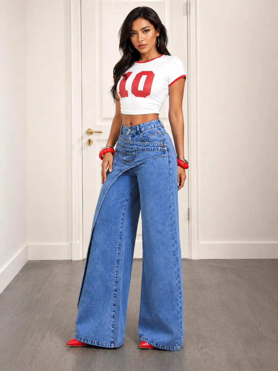 Asymmetric Overlay Wide-Leg Jeans