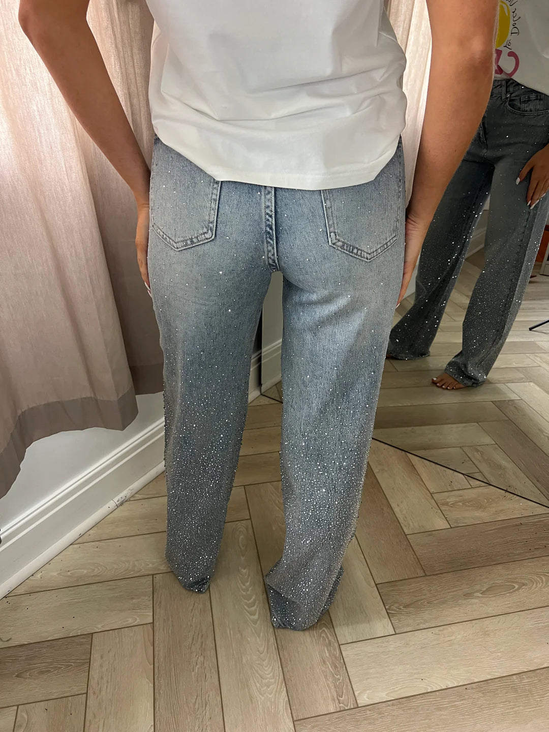 Vintage Washed Gradient Rhinestone Wide-Leg Jeans